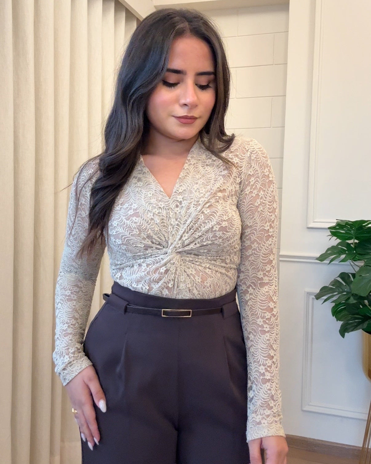 Sheer Lacy Knot Detailing Bodycon Top