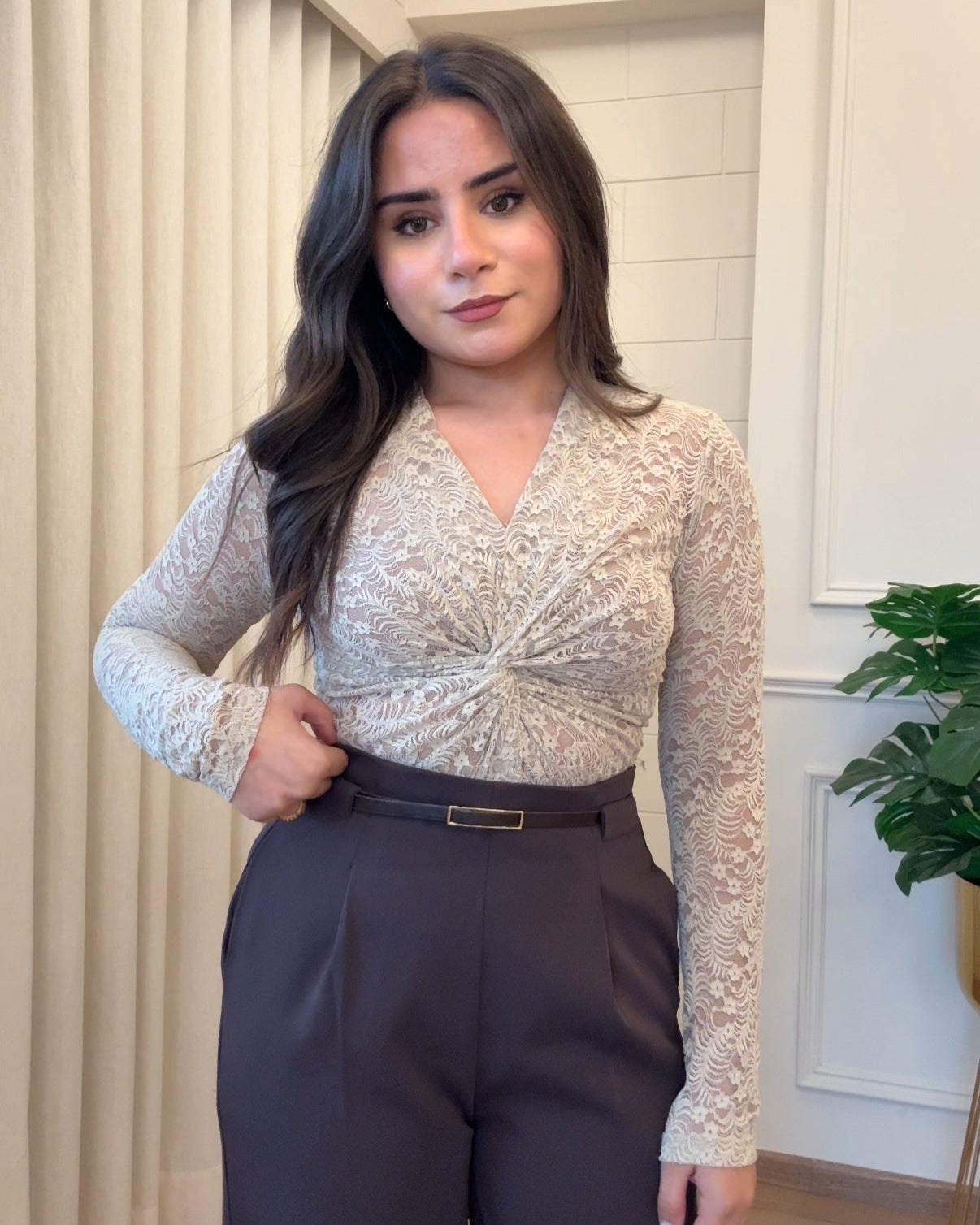 Sheer Lacy Knot Detailing Bodycon Top