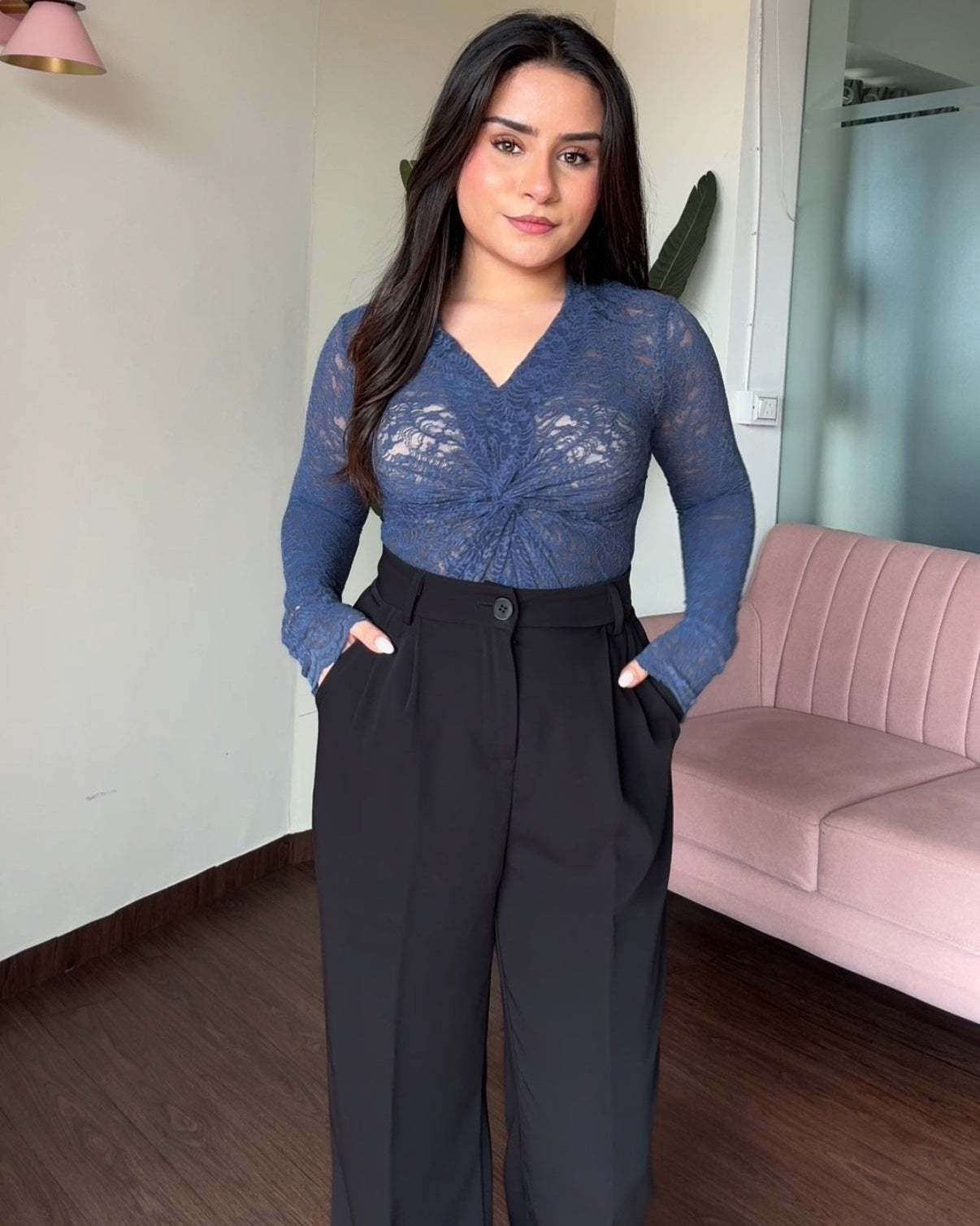 Sheer Lacy Knot Detailing Bodycon Top