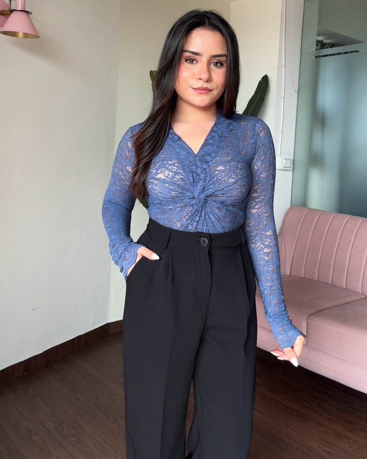 Sheer Lacy Knot Detailing Bodycon Top