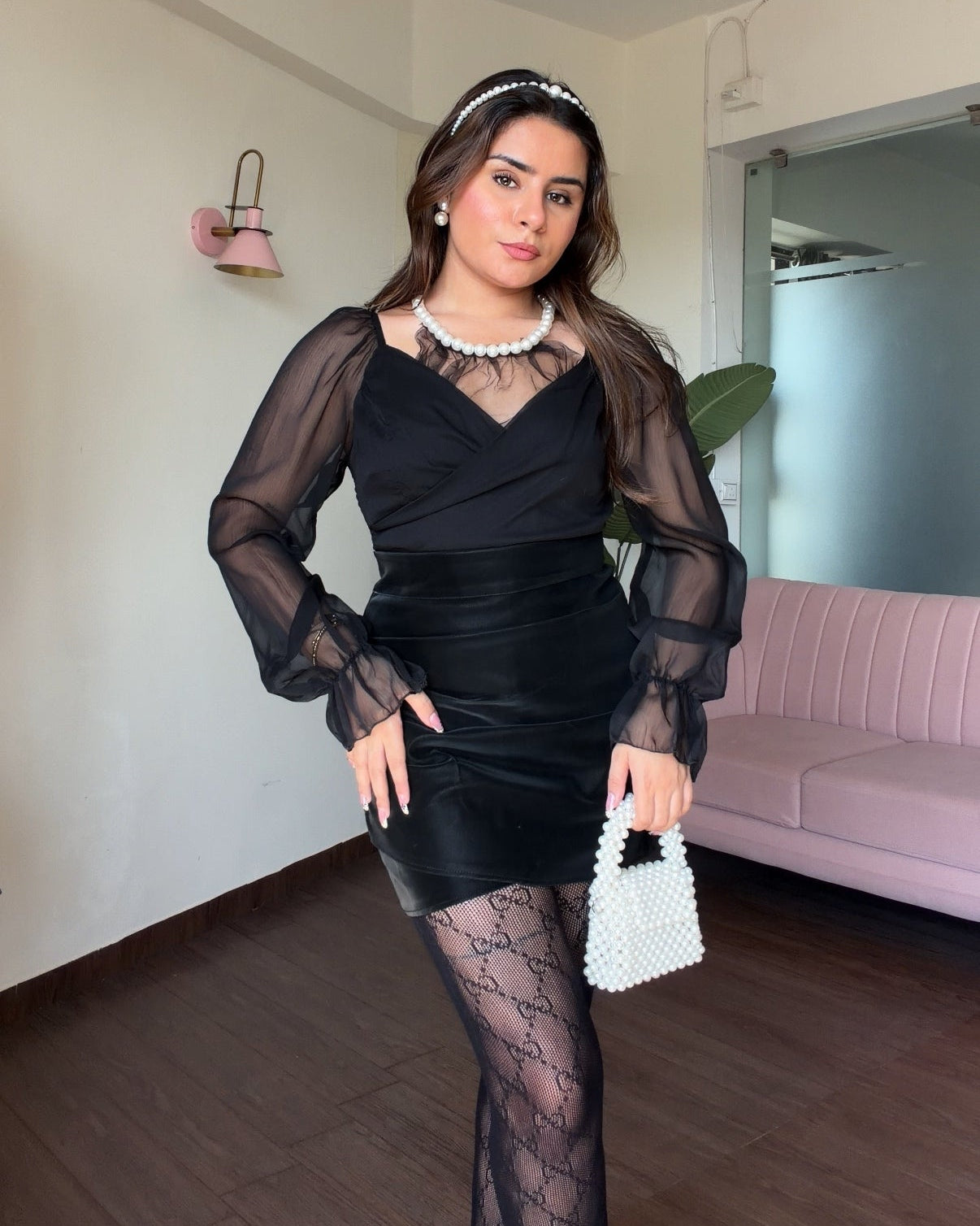 Sheer Pearl Detailing Smocked Blouse