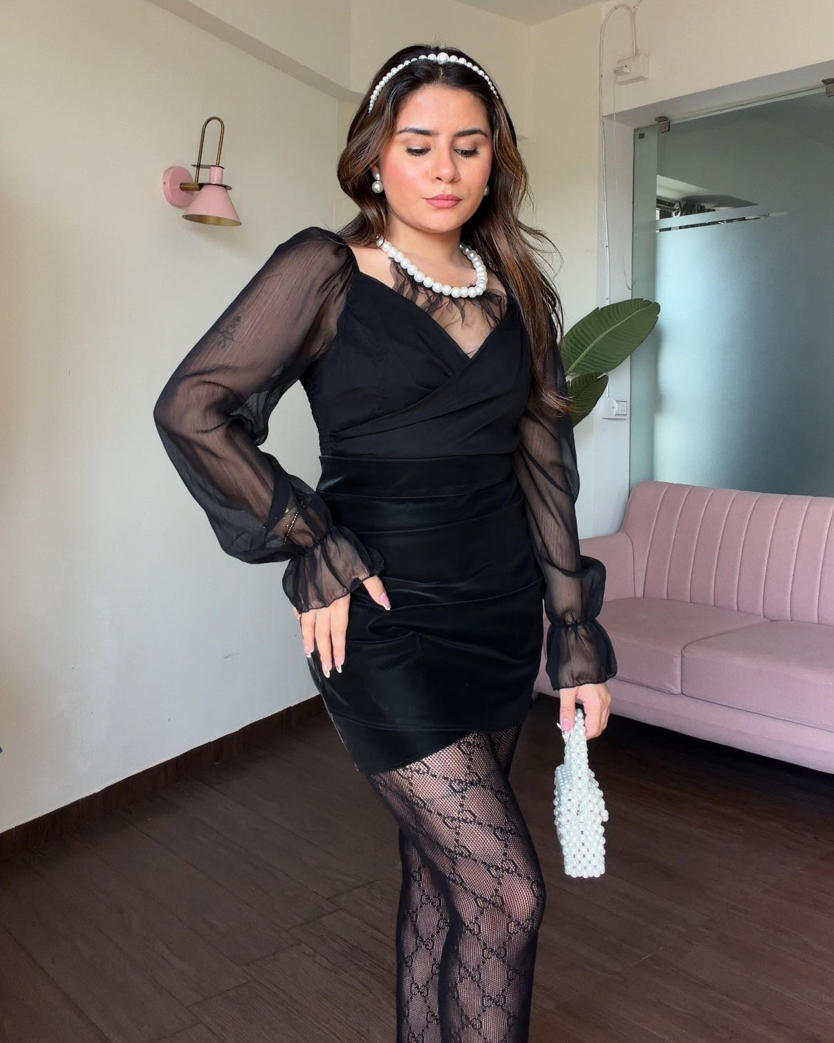 Sheer Pearl Detailing Smocked Blouse