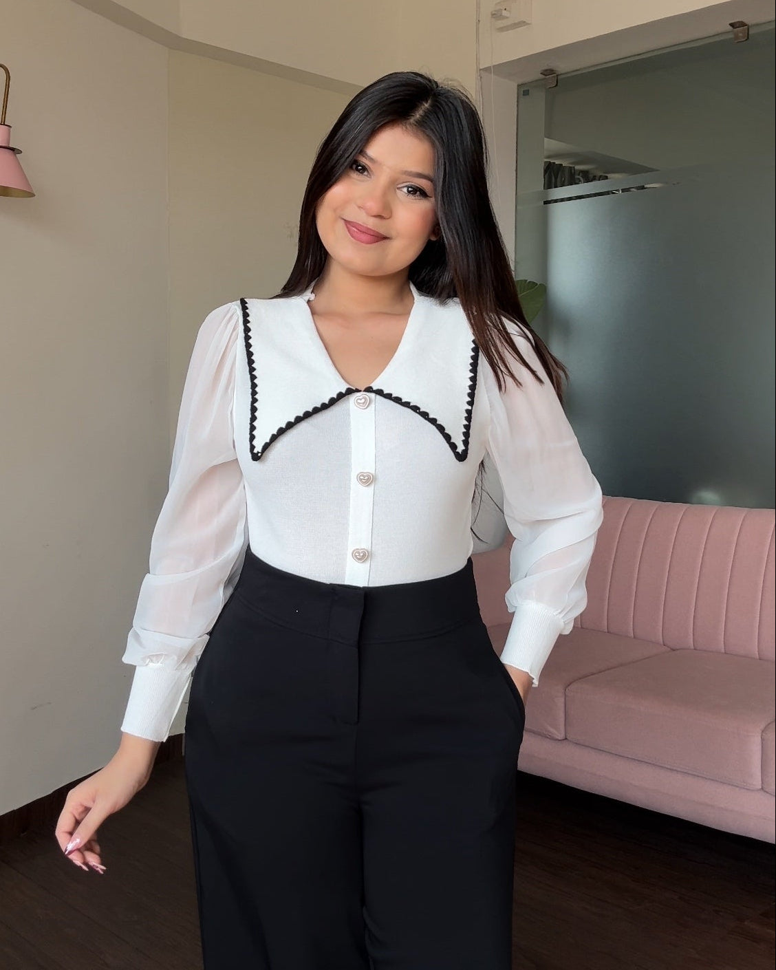 Sheer Puff Sleeve Contrast Collar Top