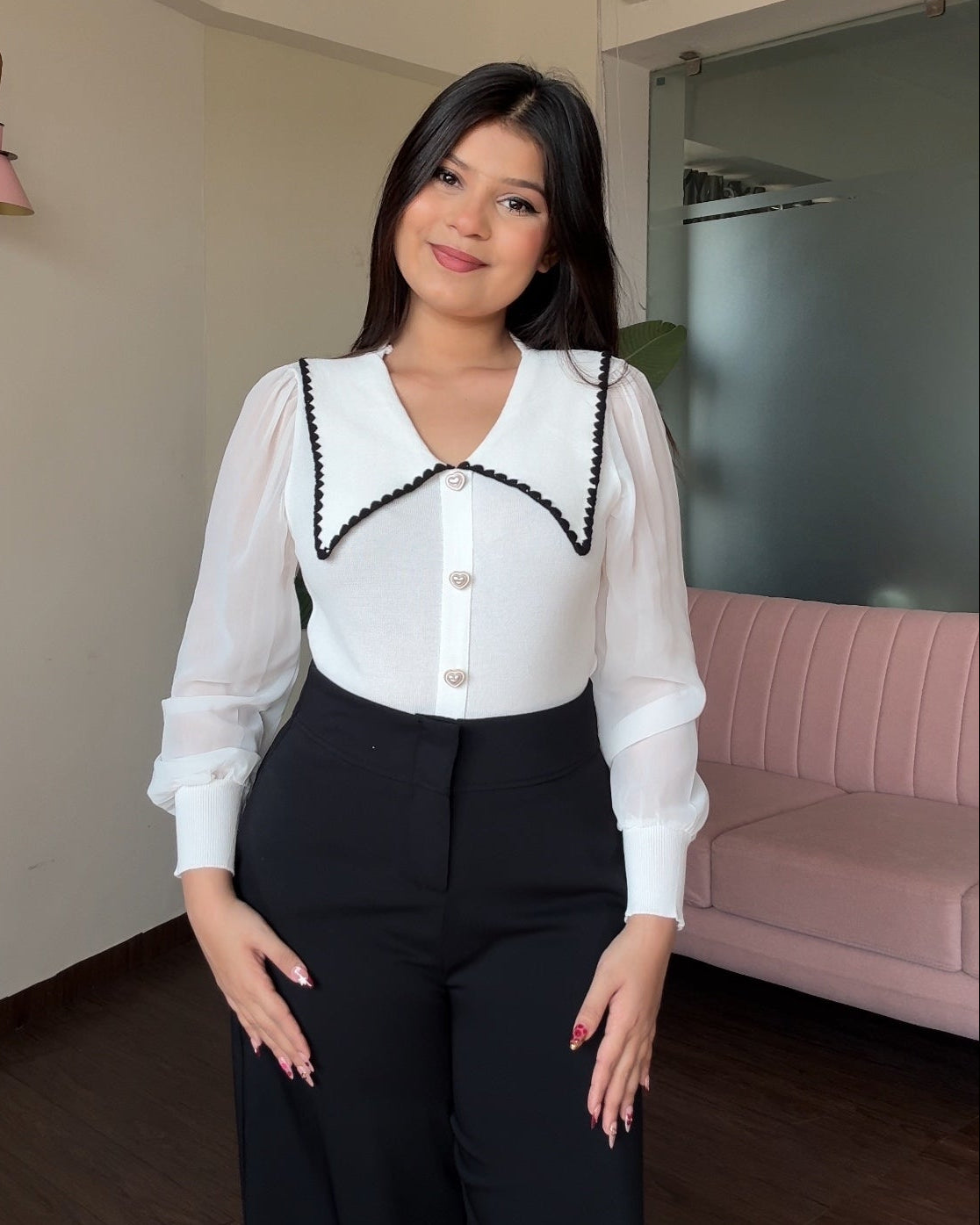 Sheer Puff Sleeve Contrast Collar Top