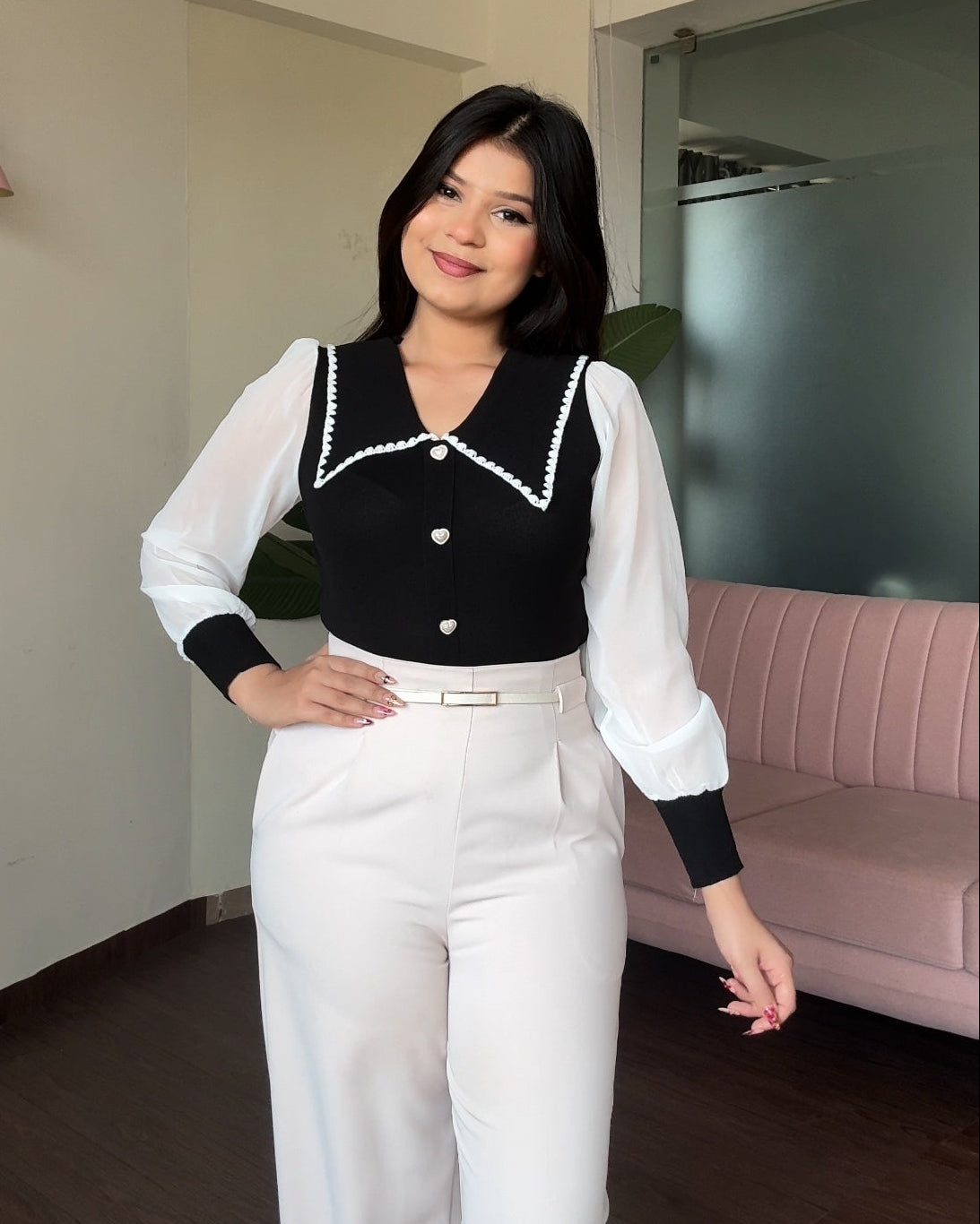 Sheer Puff Sleeve Contrast Collar Top