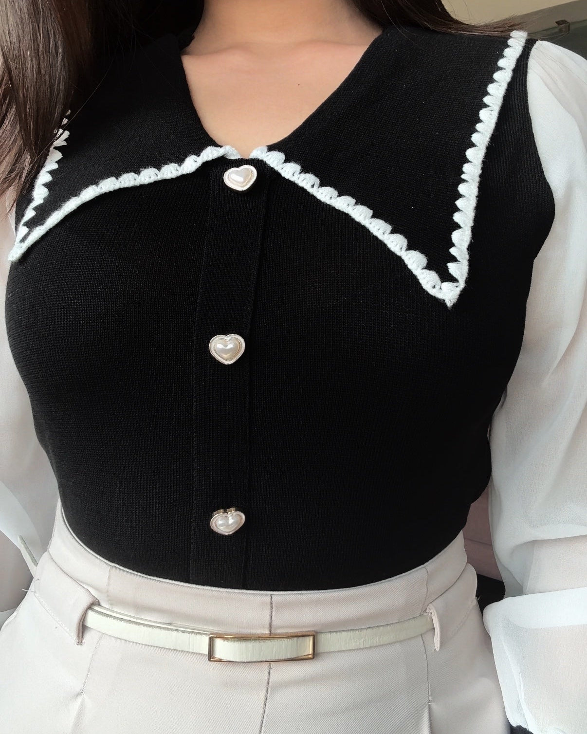Sheer Puff Sleeve Contrast Collar Top