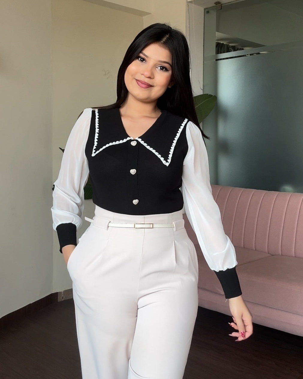Sheer Puff Sleeve Contrast Collar Top