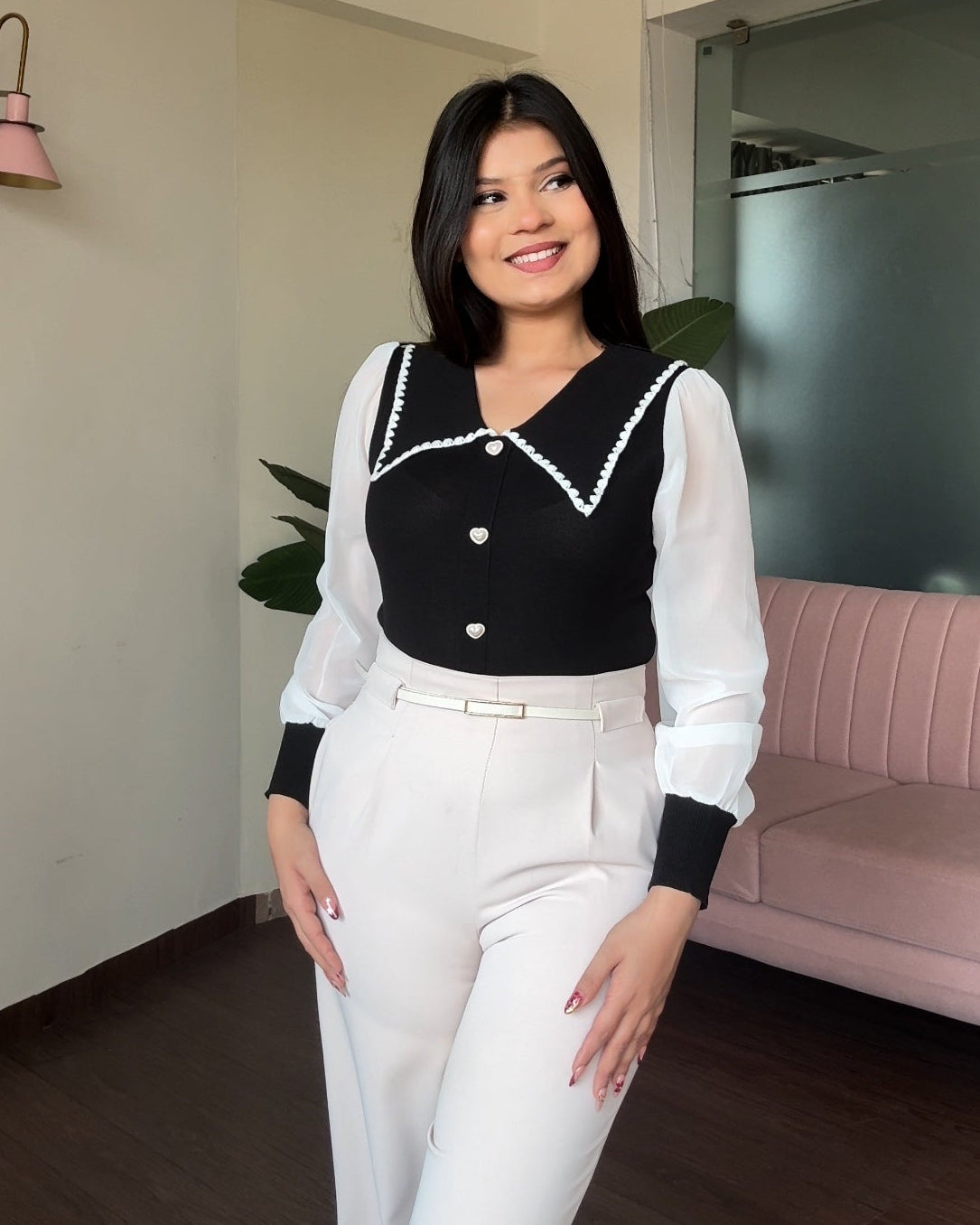 Sheer Puff Sleeve Contrast Collar Top