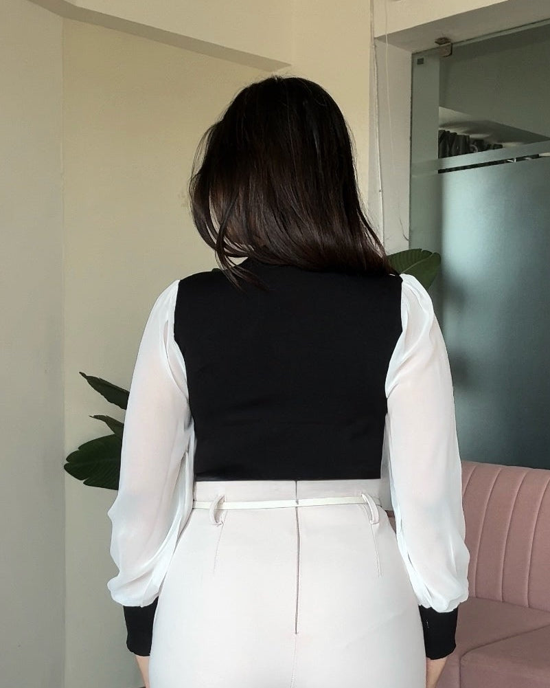 Sheer Puff Sleeve Contrast Collar Top