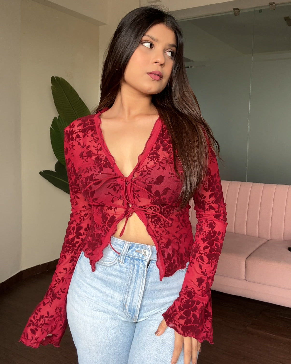 Sheer Velvet Embroidery Tie Up Bell Sleeves Top
