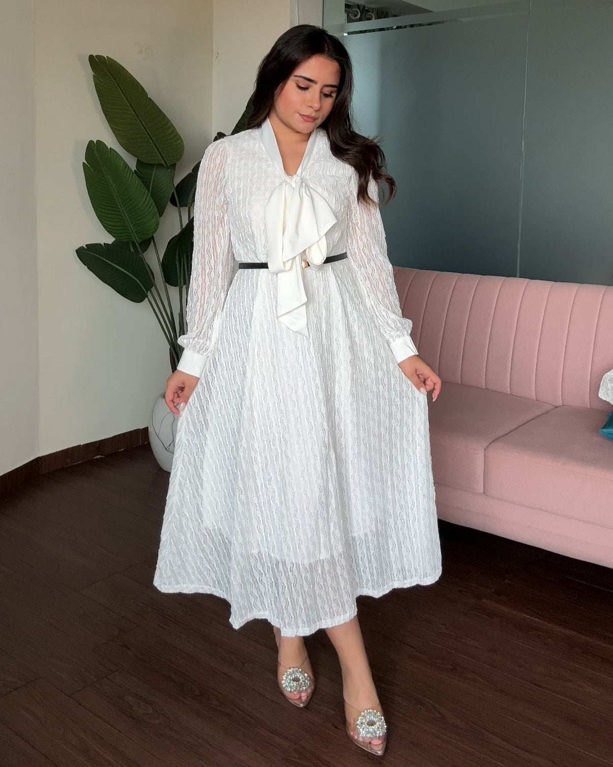 Shimmer Korean Collar Flared Midi Dress With Belt