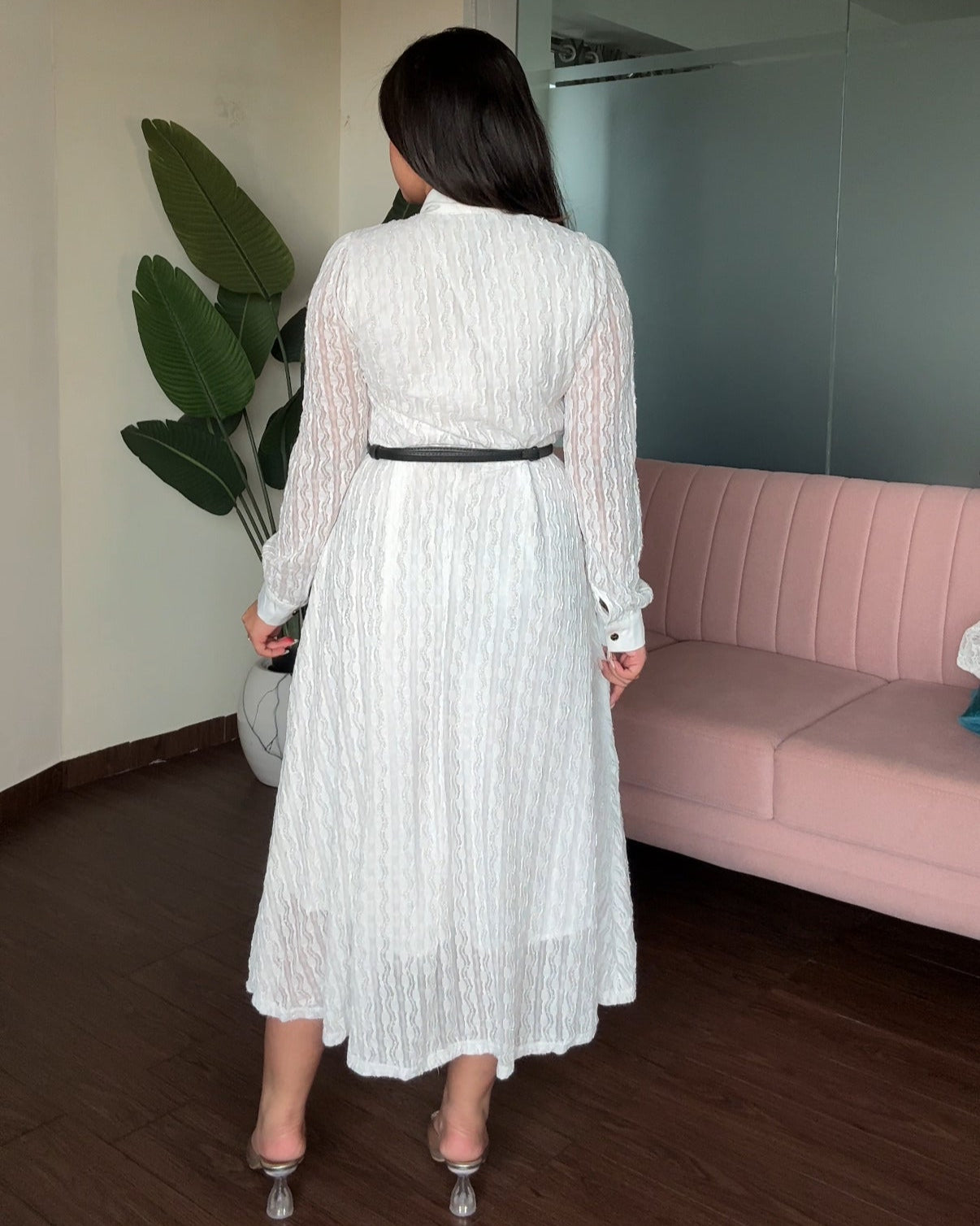 Shimmer Korean Collar Flared Midi Dress With Belt