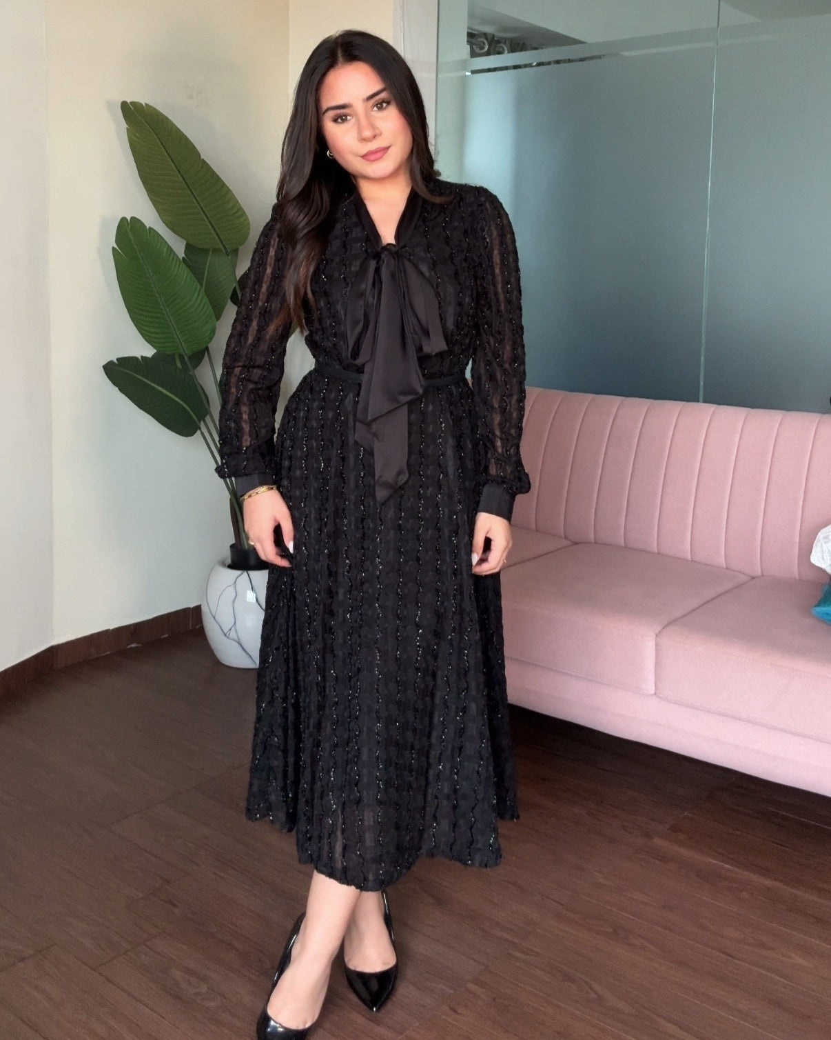 Shimmer Korean Collar Flared Midi Dress With Belt