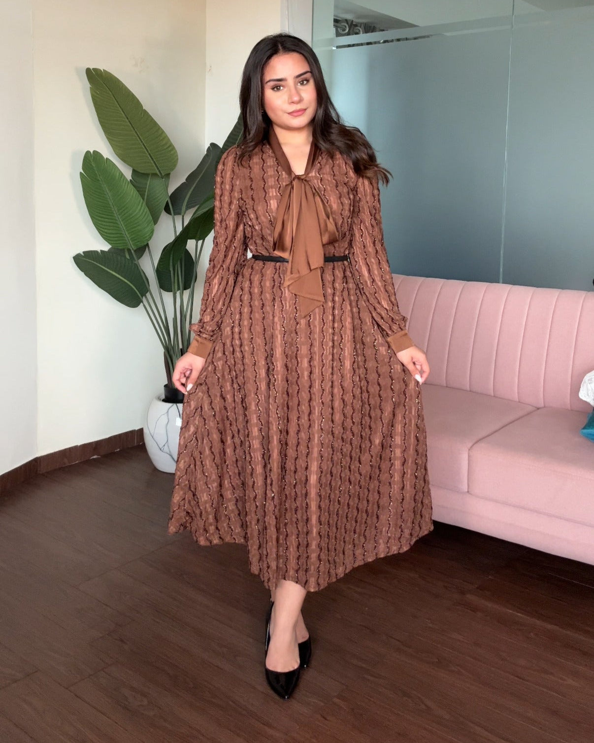 Shimmer Korean Collar Flared Midi Dress With Belt