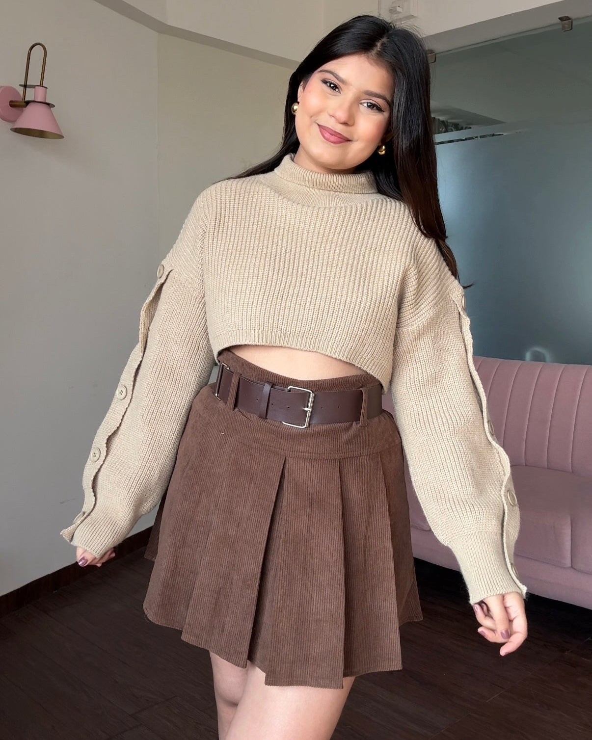 Sleeve Button Detailing Cropped High Neck Sweater