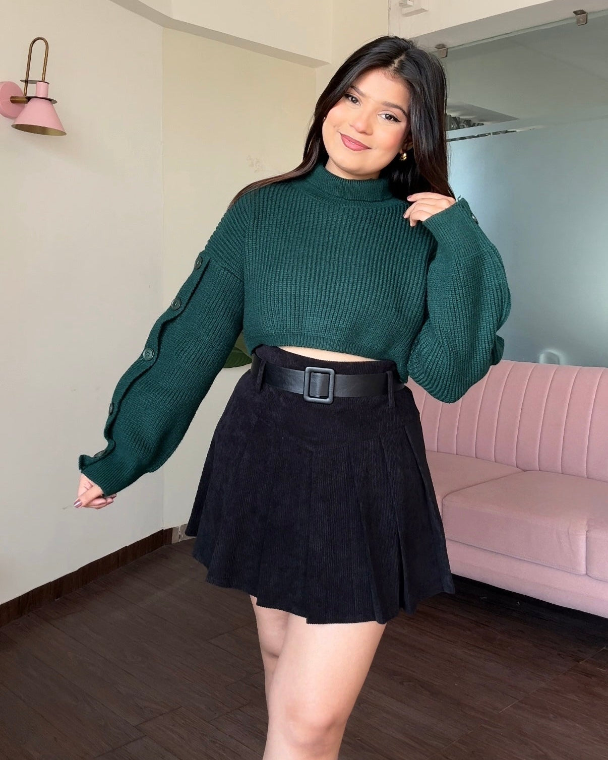 Sleeve Button Detailing Cropped High Neck Sweater