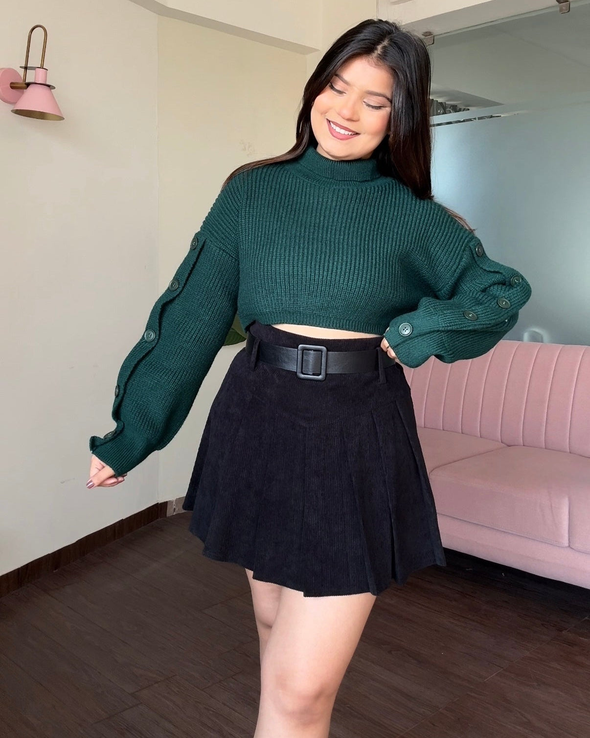 Sleeve Button Detailing Cropped High Neck Sweater