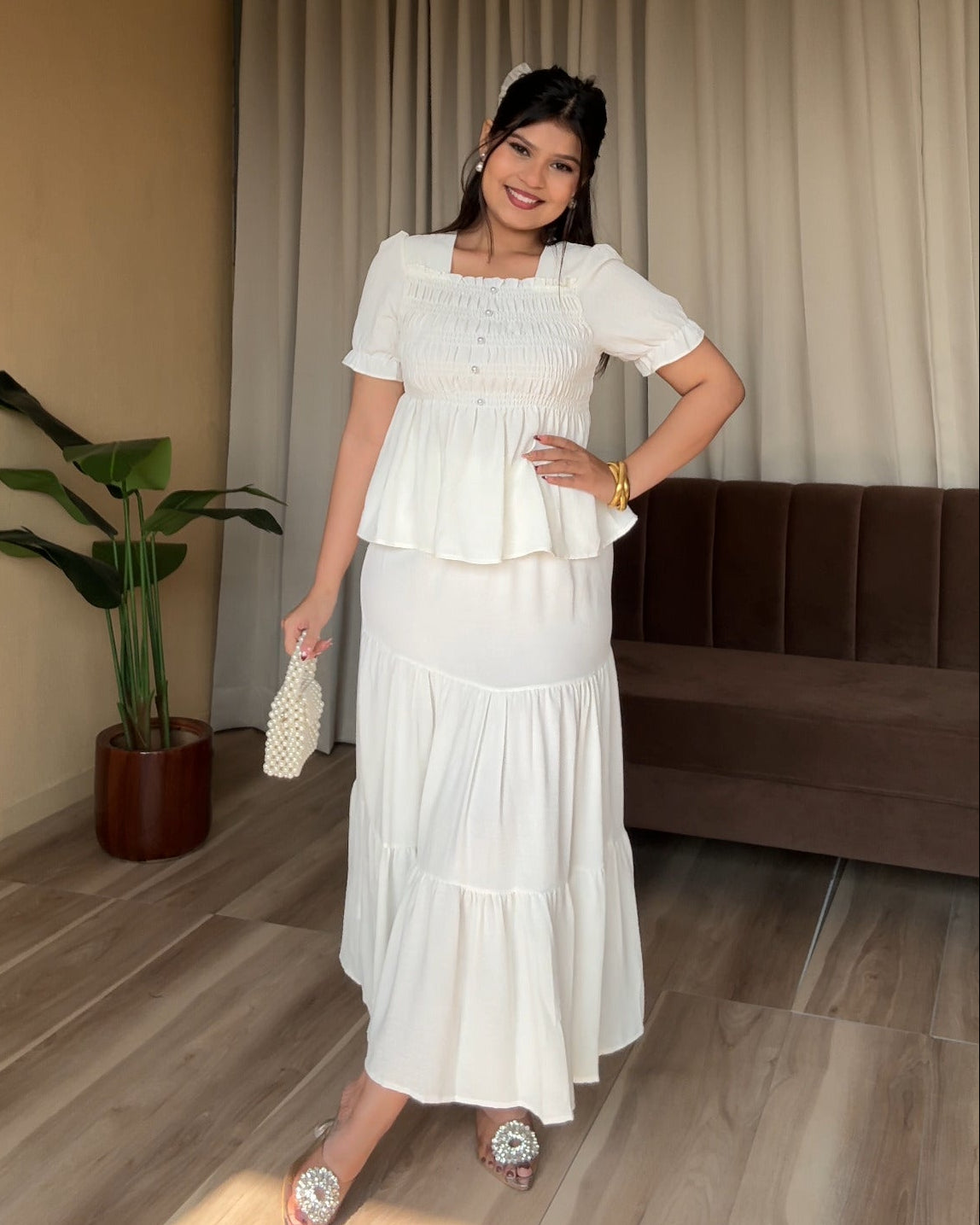 Smocked Peplum Top With Maxi Skirt Set