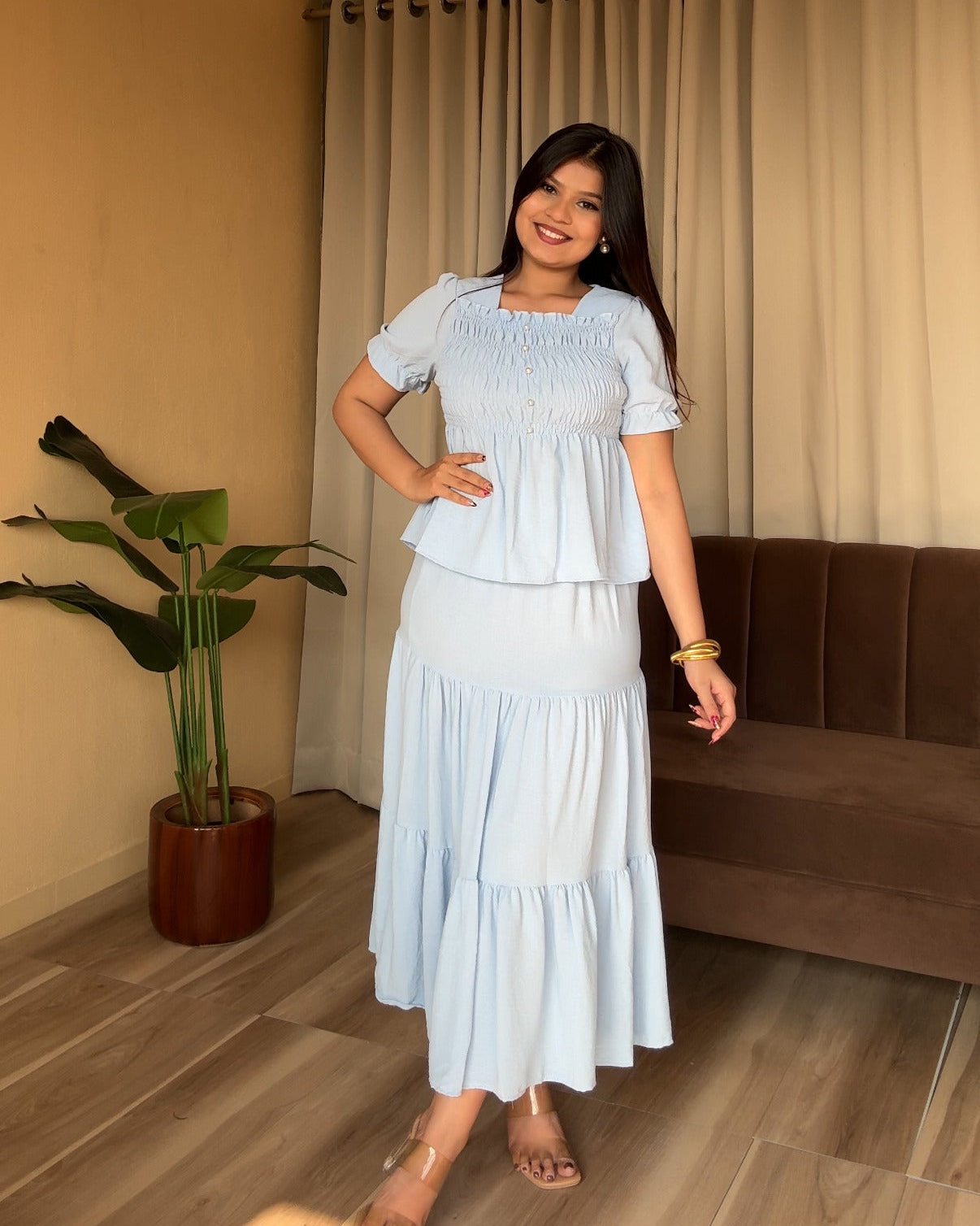 Smocked Peplum Top With Maxi Skirt Set