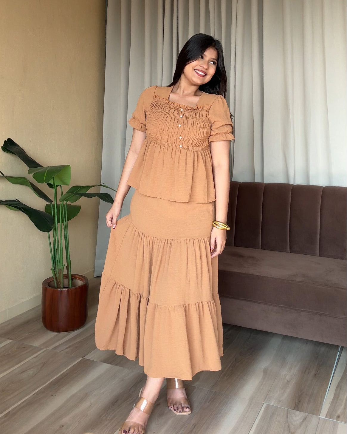 Smocked Peplum Top With Maxi Skirt Set
