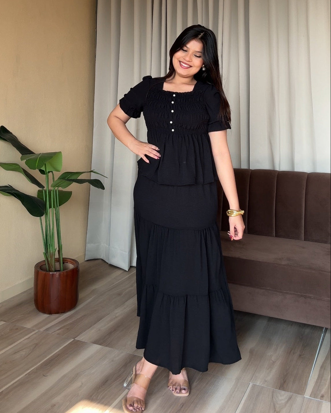 Smocked Peplum Top With Maxi Skirt Set