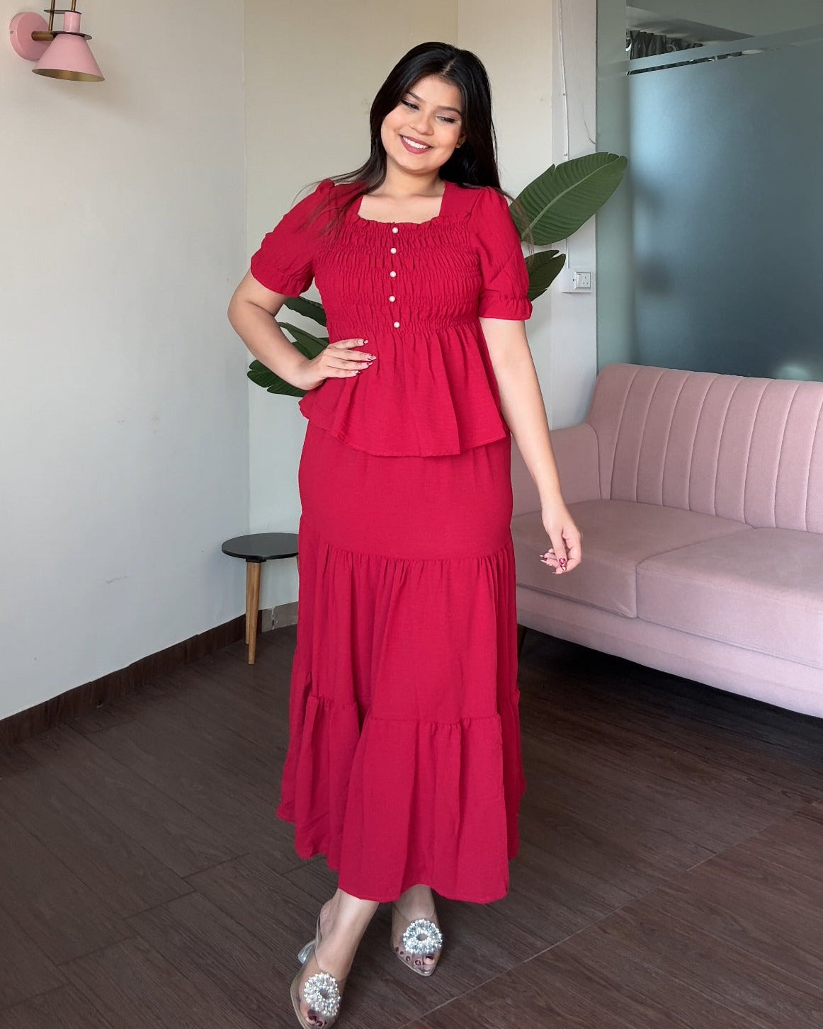 Smocked Peplum Top With Maxi Skirt Set