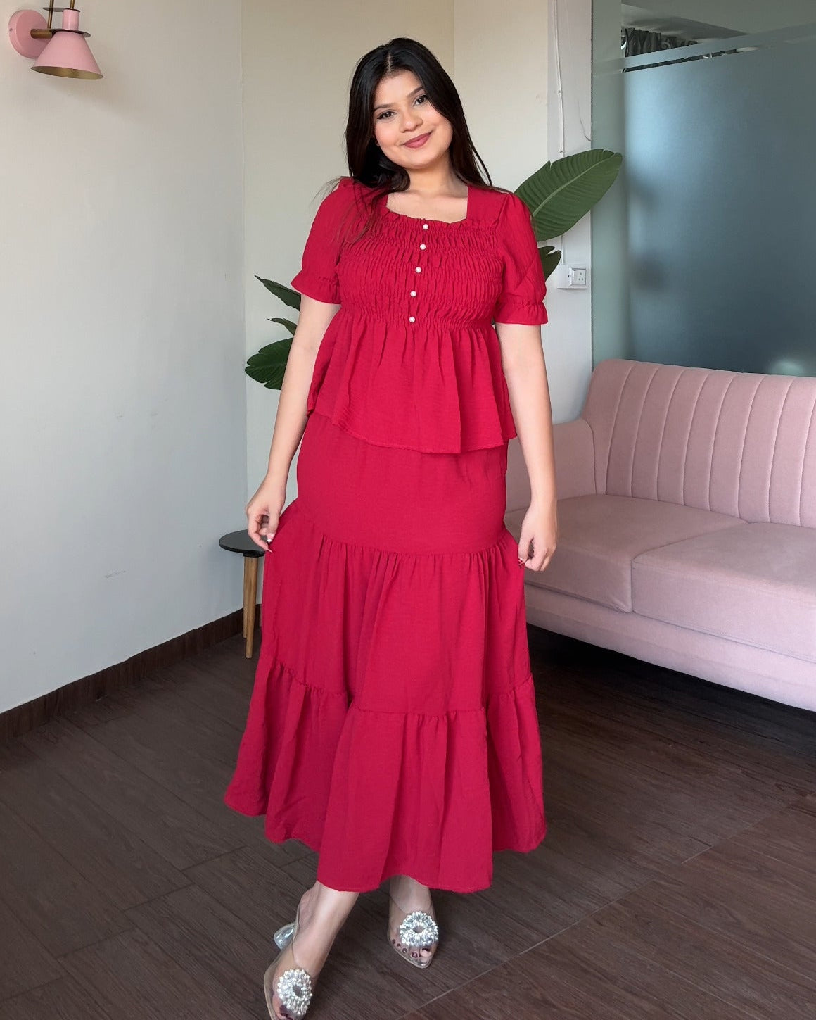 Smocked Peplum Top With Maxi Skirt Set