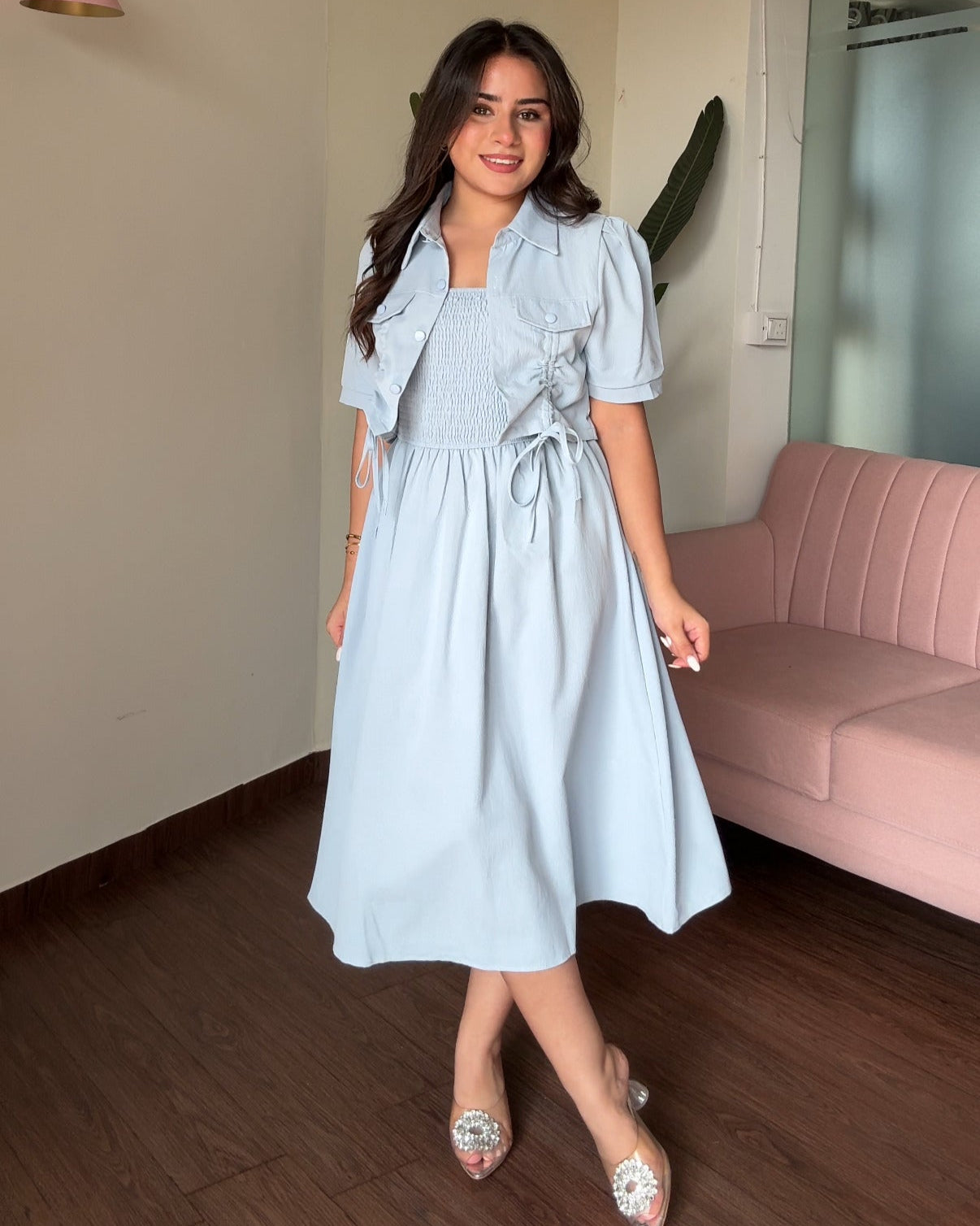 Smocked Solid Midi Dress With Shrug