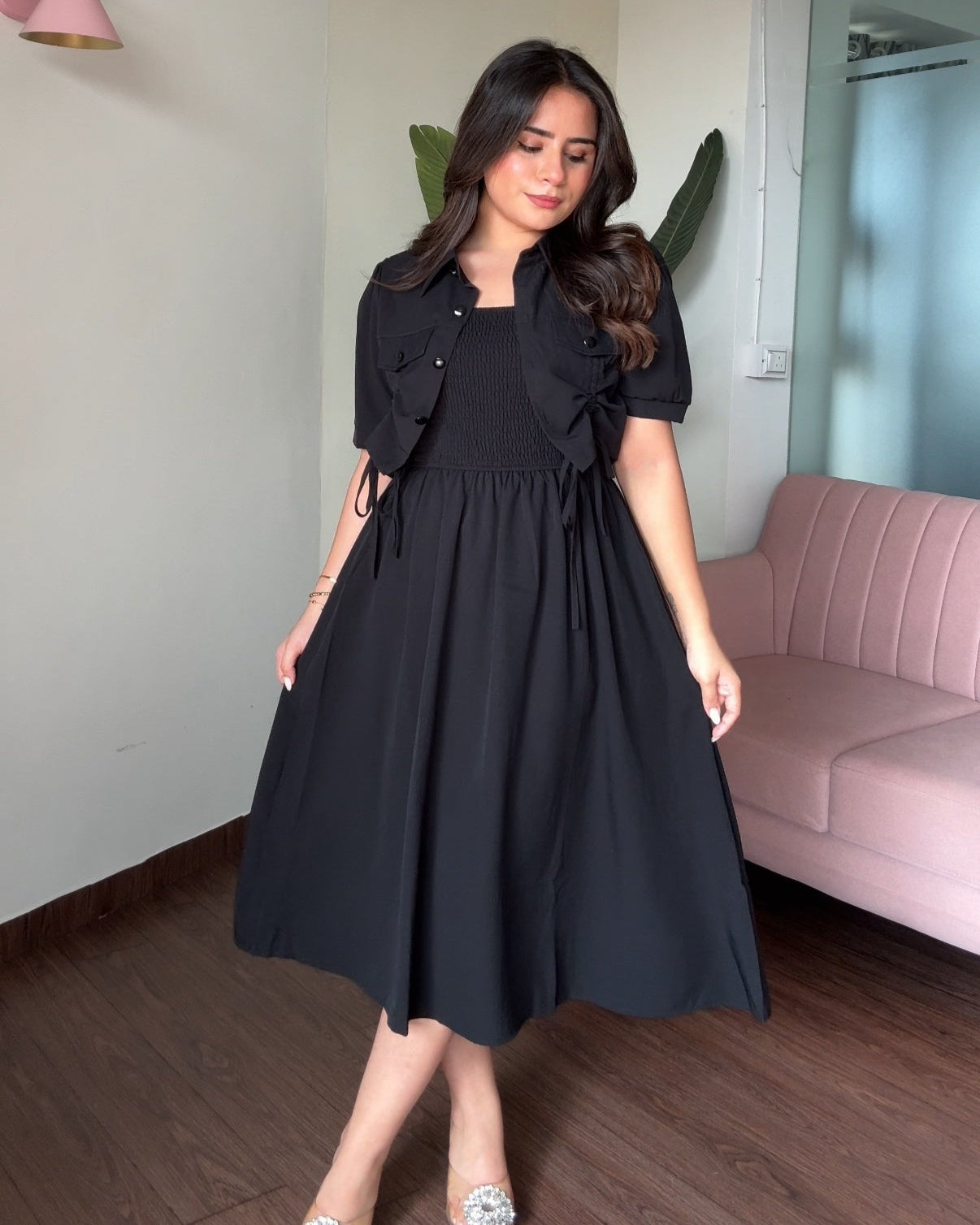 Smocked Solid Midi Dress With Shrug