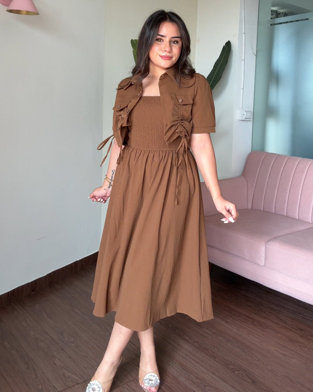 Smocked Solid Midi Dress With Shrug