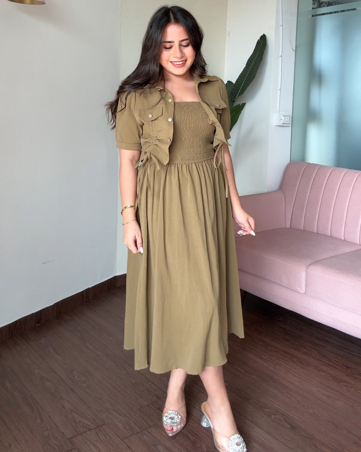 Smocked Solid Midi Dress With Shrug