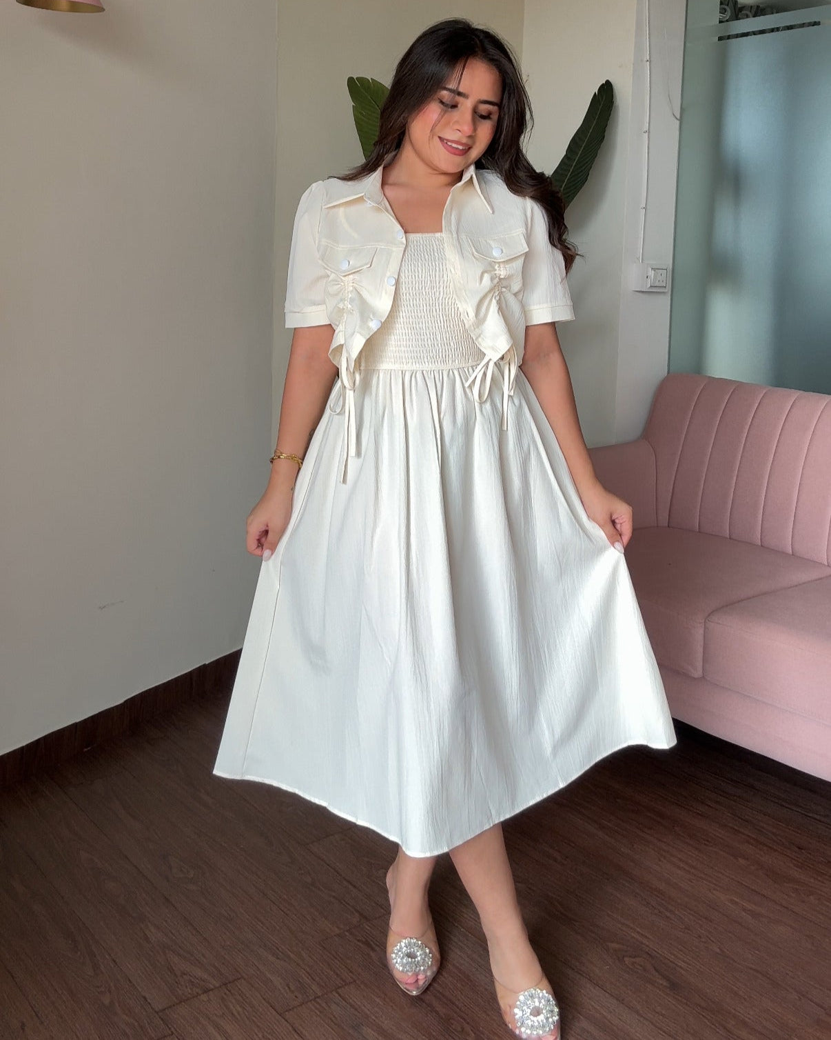 Smocked Solid Midi Dress With Shrug