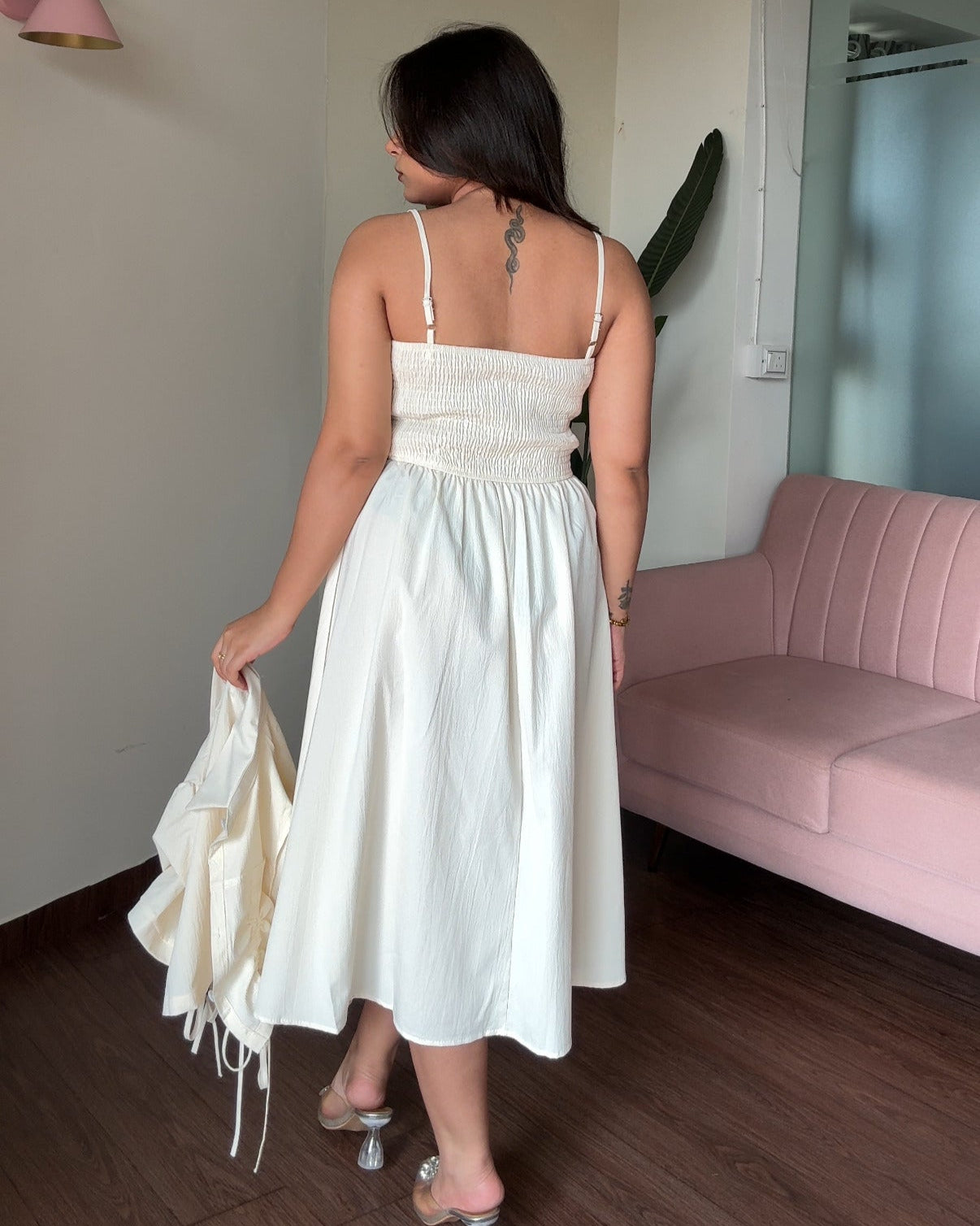 Smocked Solid Midi Dress With Shrug