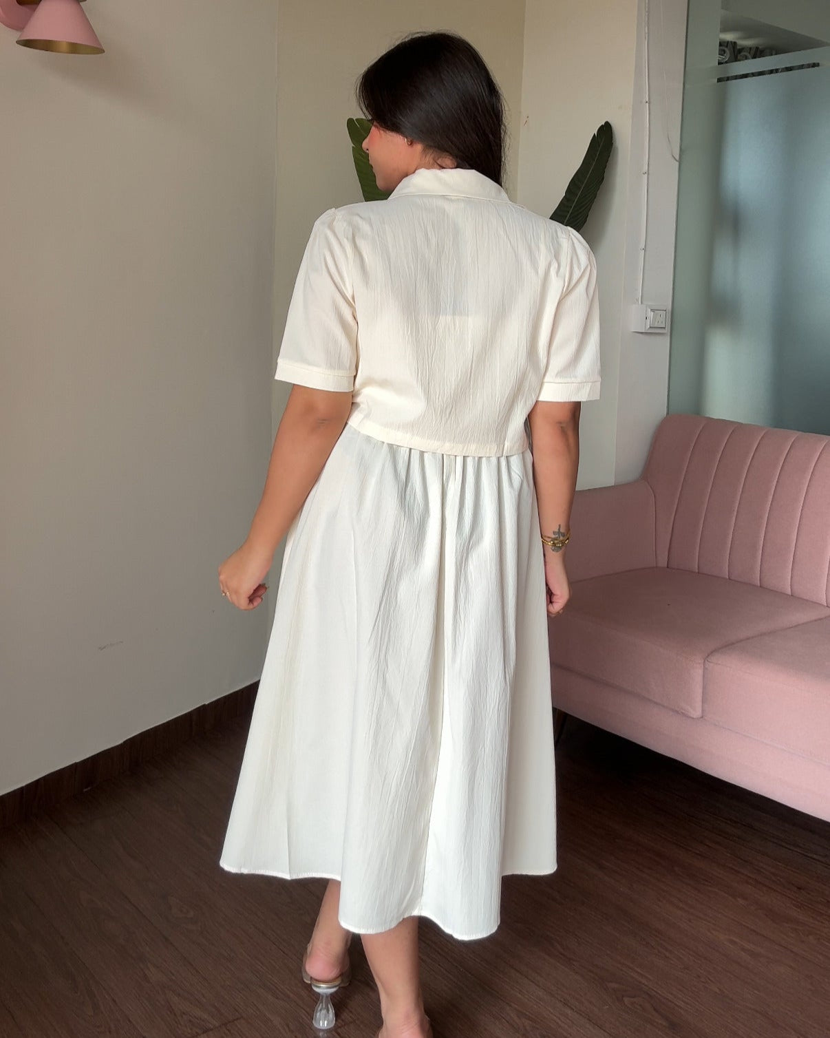 Smocked Solid Midi Dress With Shrug