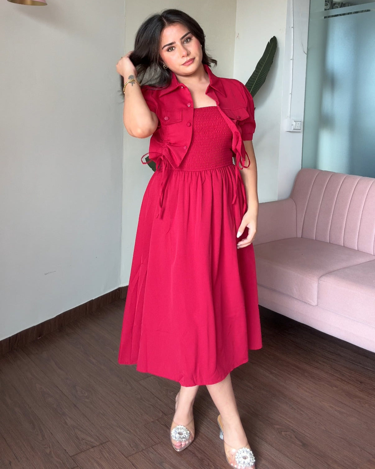 Smocked Solid Midi Dress With Shrug