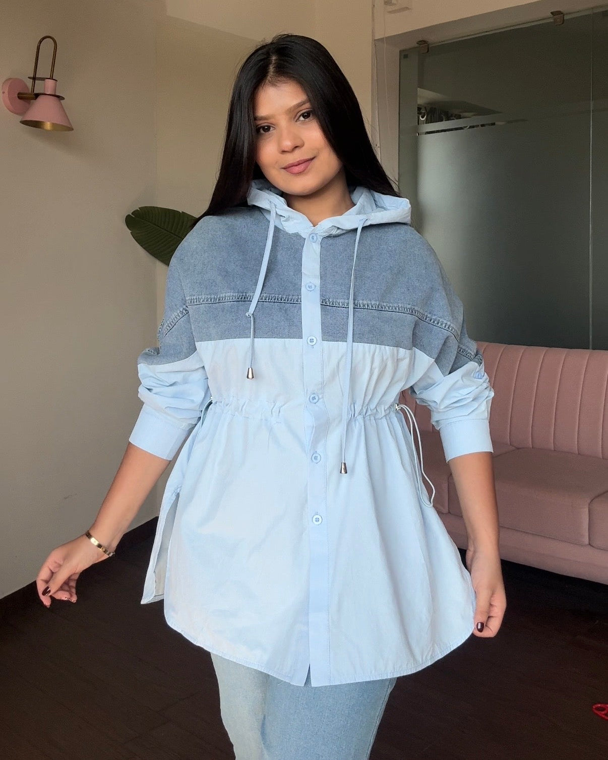 Solid Denim Hooded Shirt
