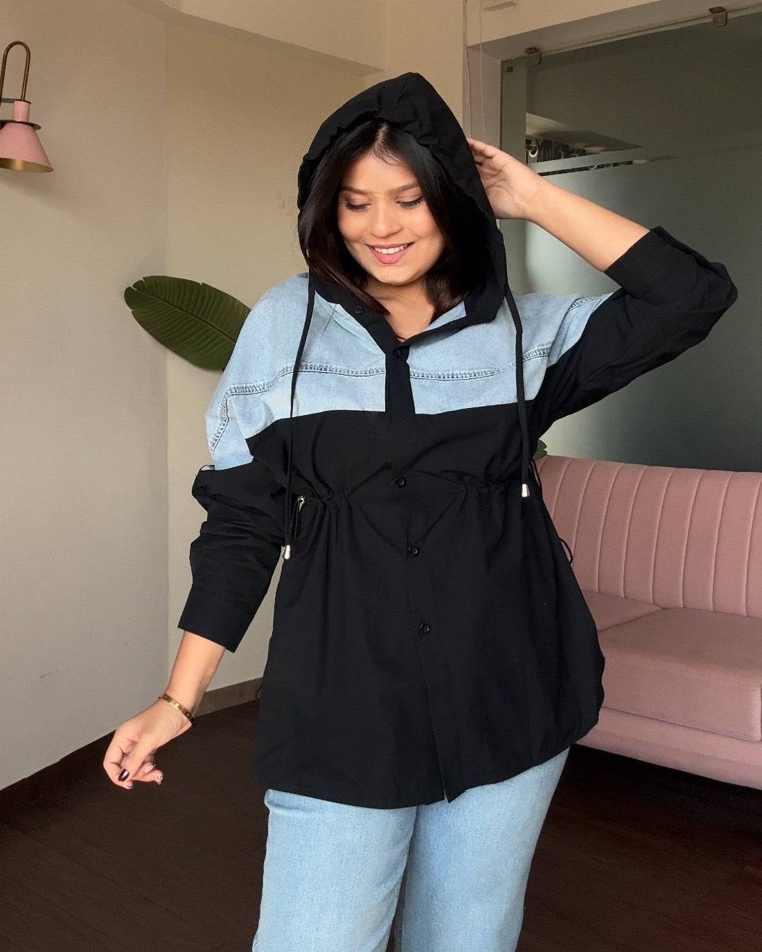 Solid Denim Hooded Shirt
