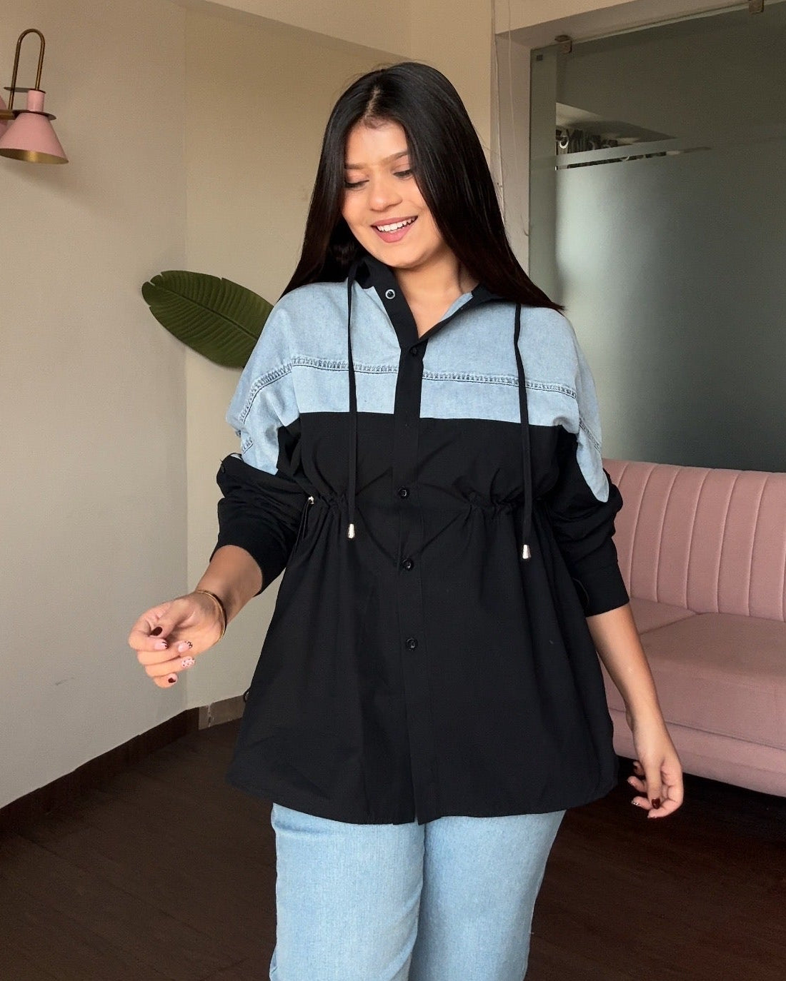 Solid Denim Hooded Shirt