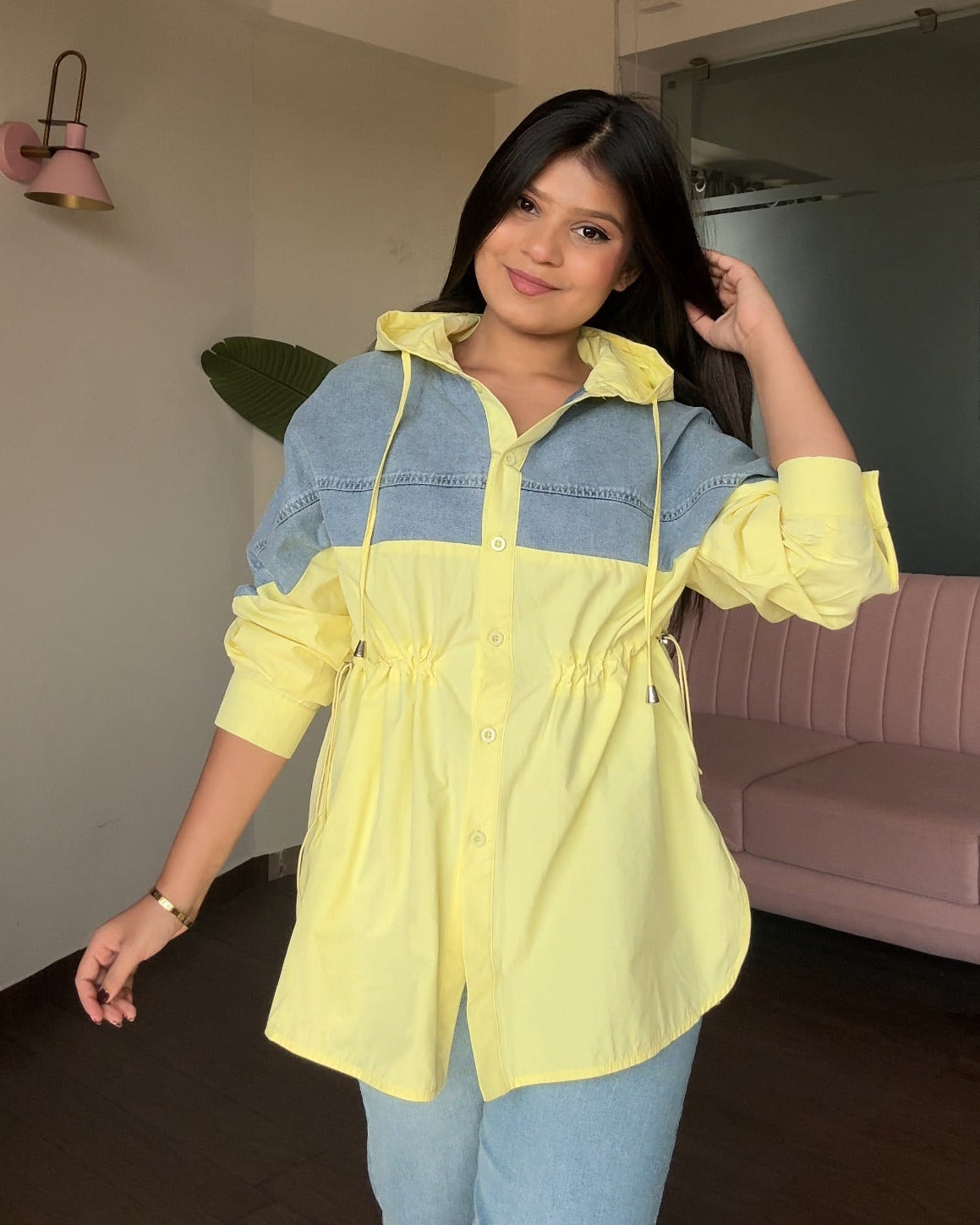Solid Denim Hooded Shirt