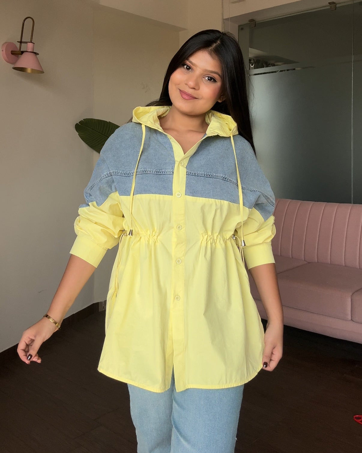 Solid Denim Hooded Shirt