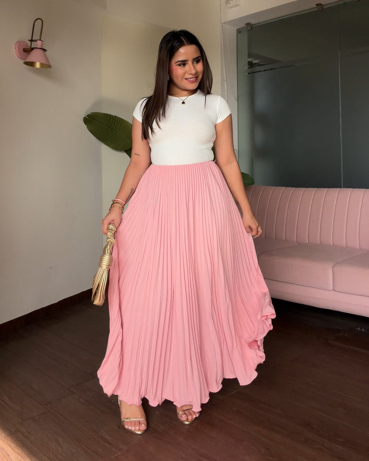 Solid Pleated Midi Skirt