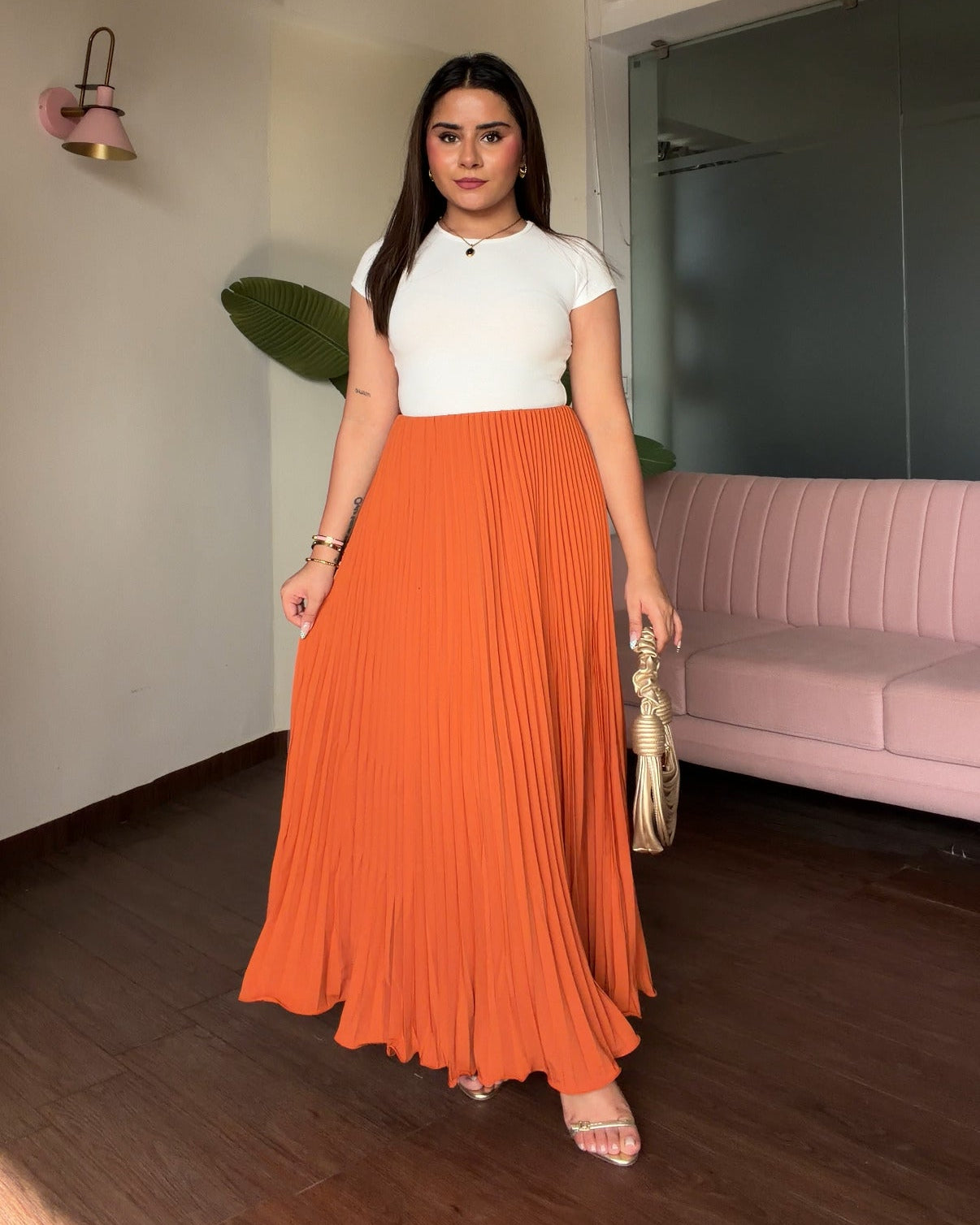 Solid Pleated Midi Skirt