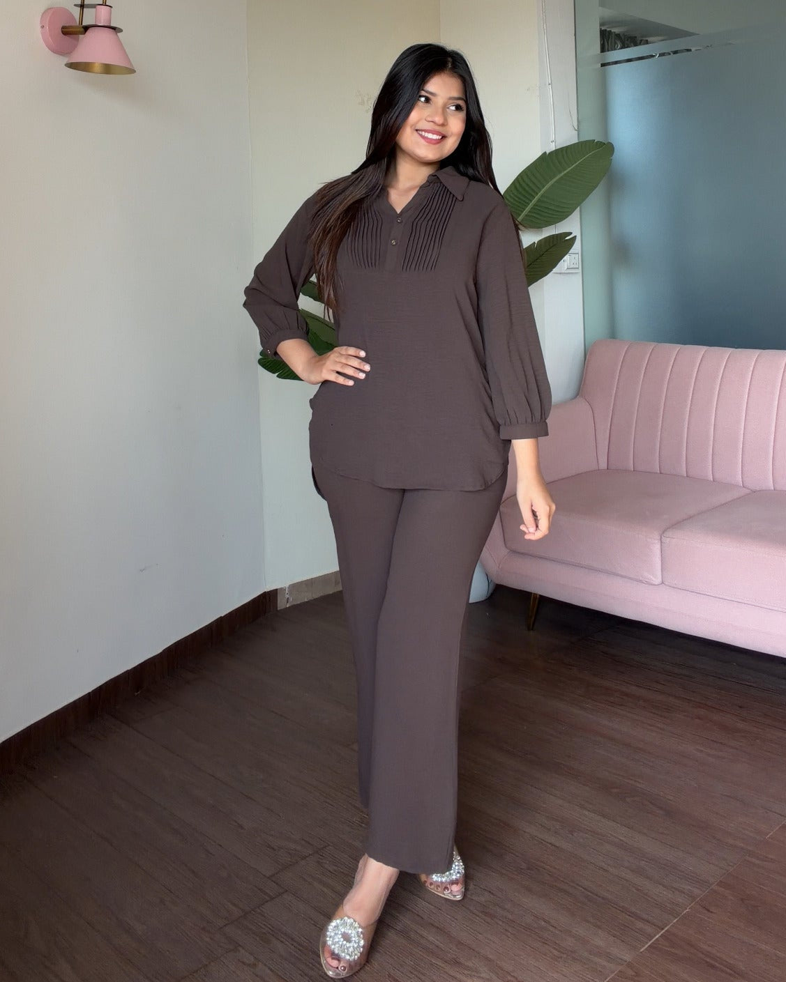 Solid Relaxed Fit Work Wear Summer Co-Ord Set