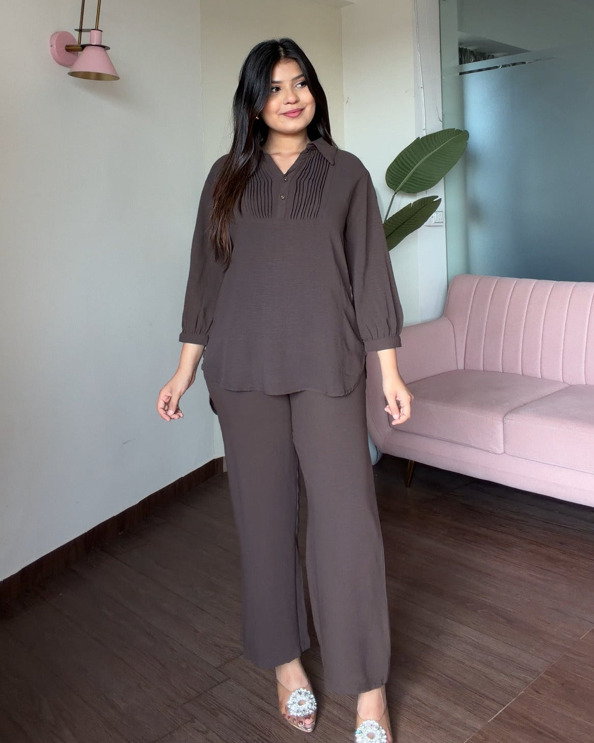 Solid Relaxed Fit Work Wear Summer Co-Ord Set