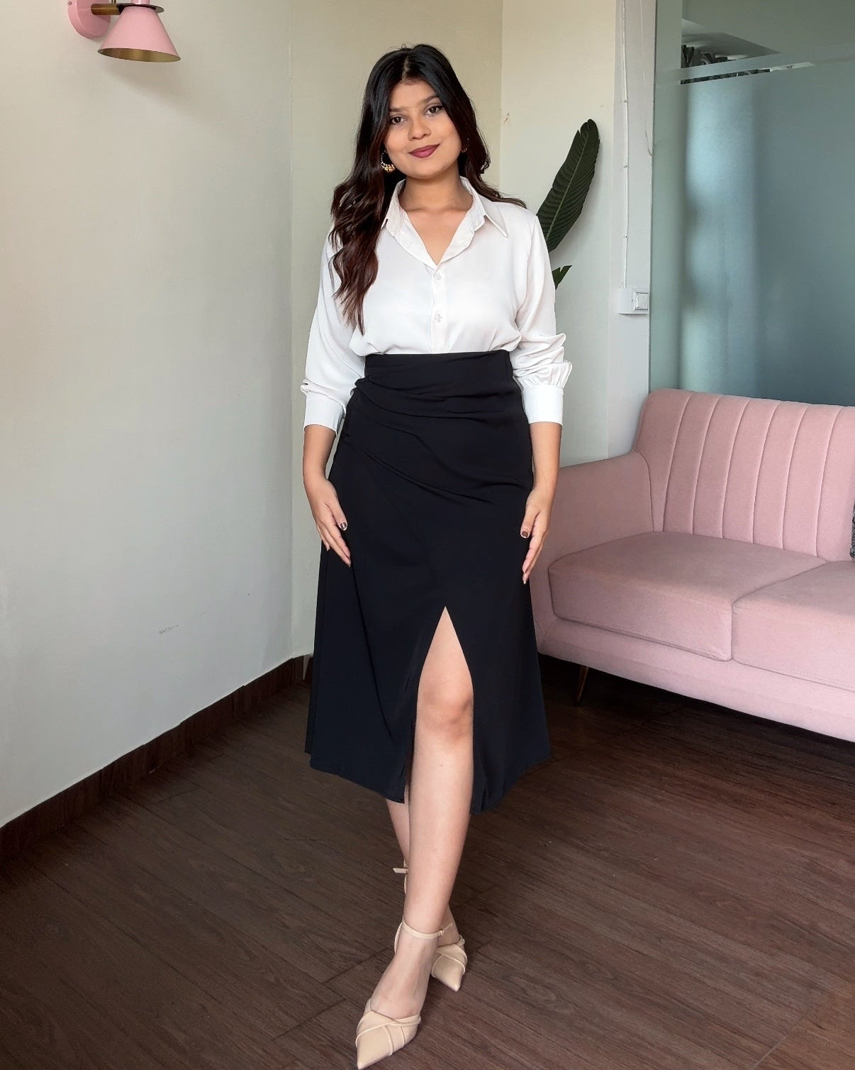 Solid Ruched Midi Skirt