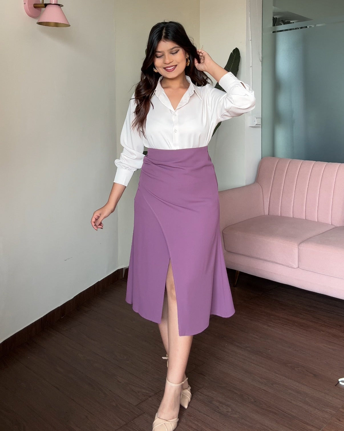 Solid Ruched Midi Skirt