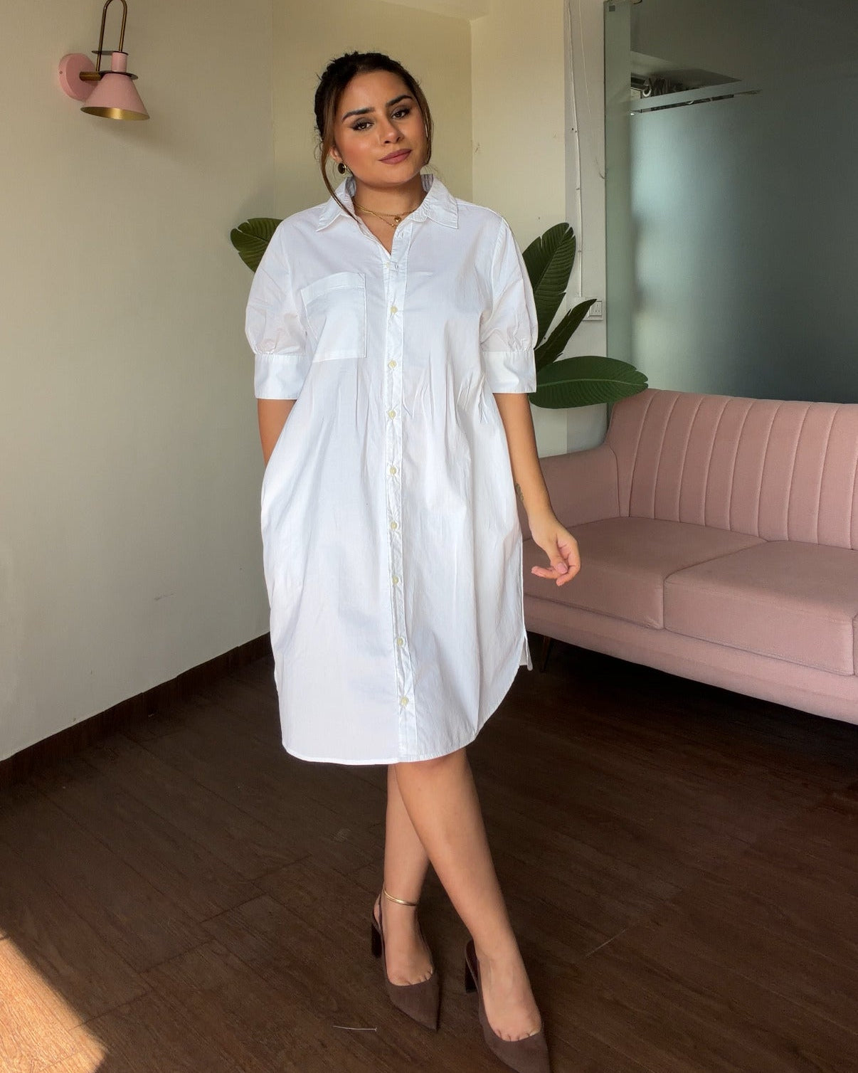 Solid White Puff Sleeve Shirt Dress