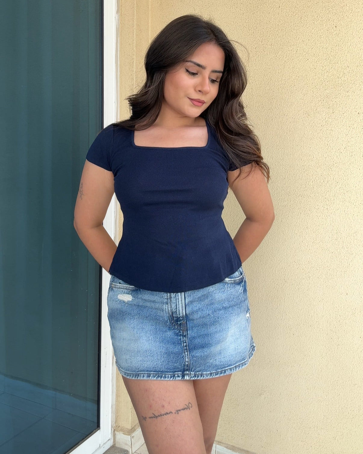 Square Neck Back Tie Up Knitted Top