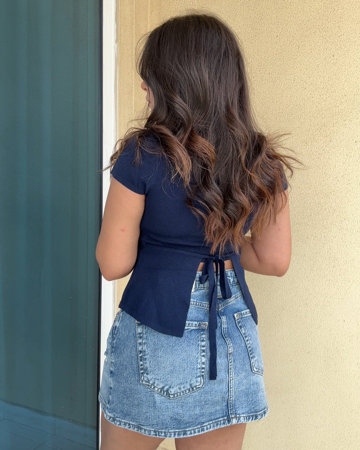 Square Neck Back Tie Up Knitted Top