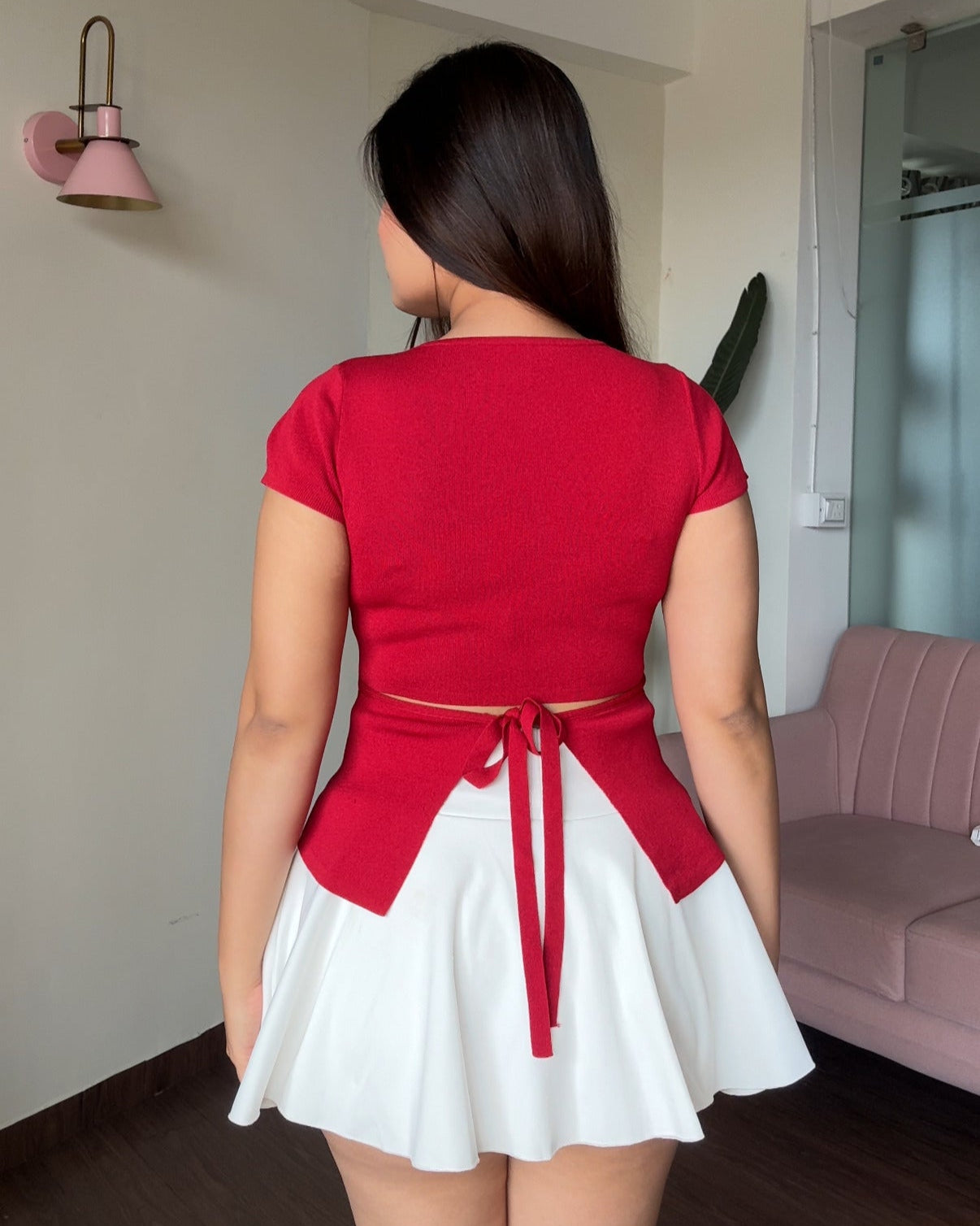 Square Neck Back Tie Up Knitted Top